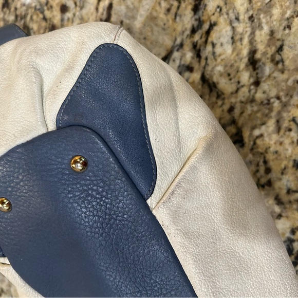MCM Munich Leather Satchel Top Handle Bag Cream Blue Gold Hardware - Picture 9 of 13